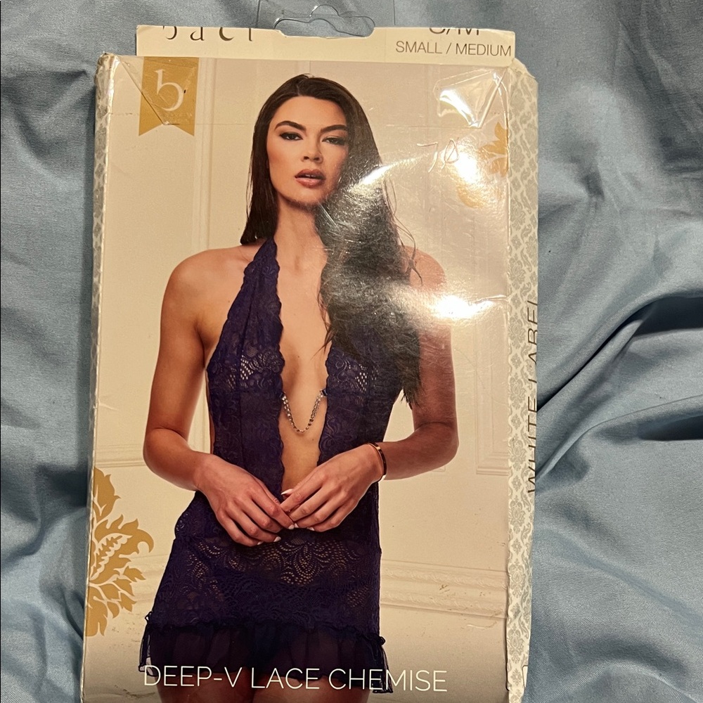 Deep-V Lace Chemise - navy blue